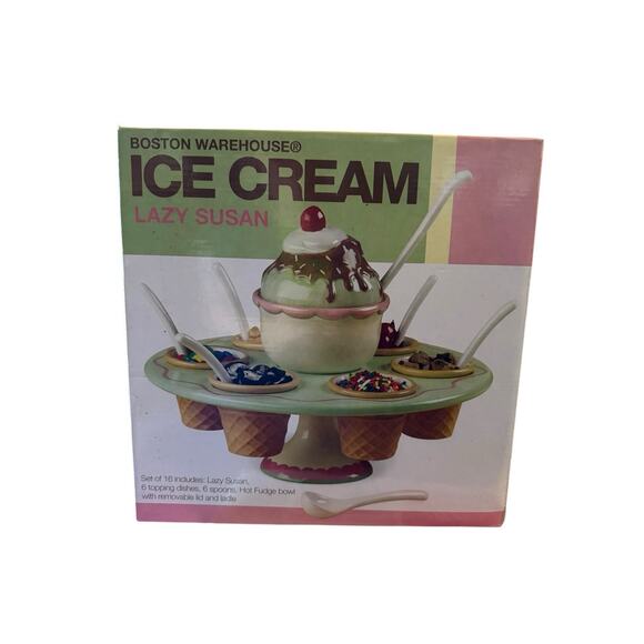 2005 Boston Warehouse 16 Piece Rare Ice Cream Sundae Carousel Lazy Susan In Box - Picture 1 of 9